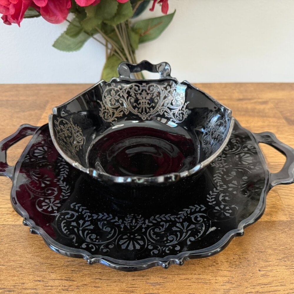 Vintage Black Amethyst Etched‎ Glass Bowl and Plate Set Elegant Art Deco Serving